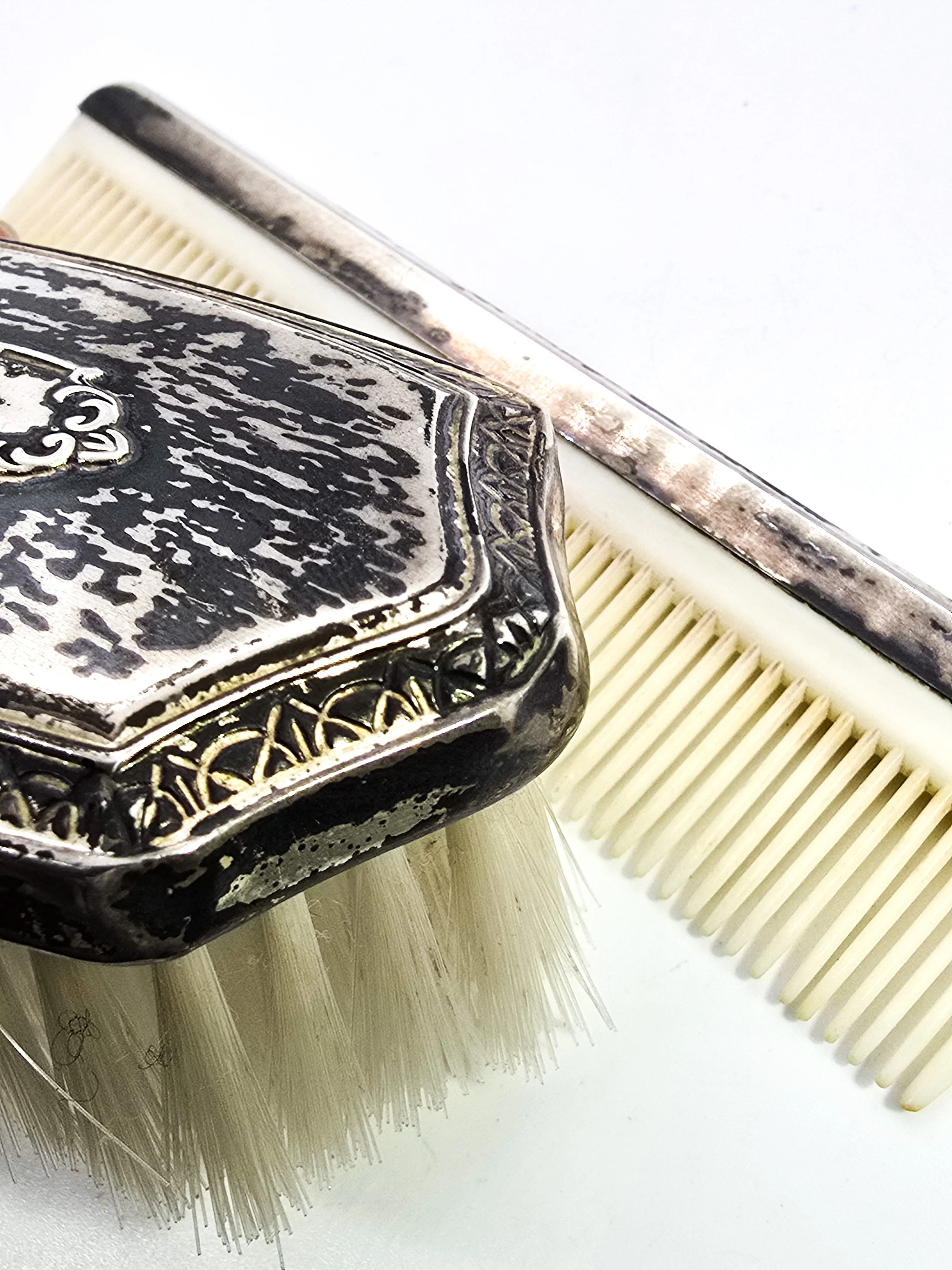 Web Sterling Antique Brush and comb set sterling silver topped baby brush combo