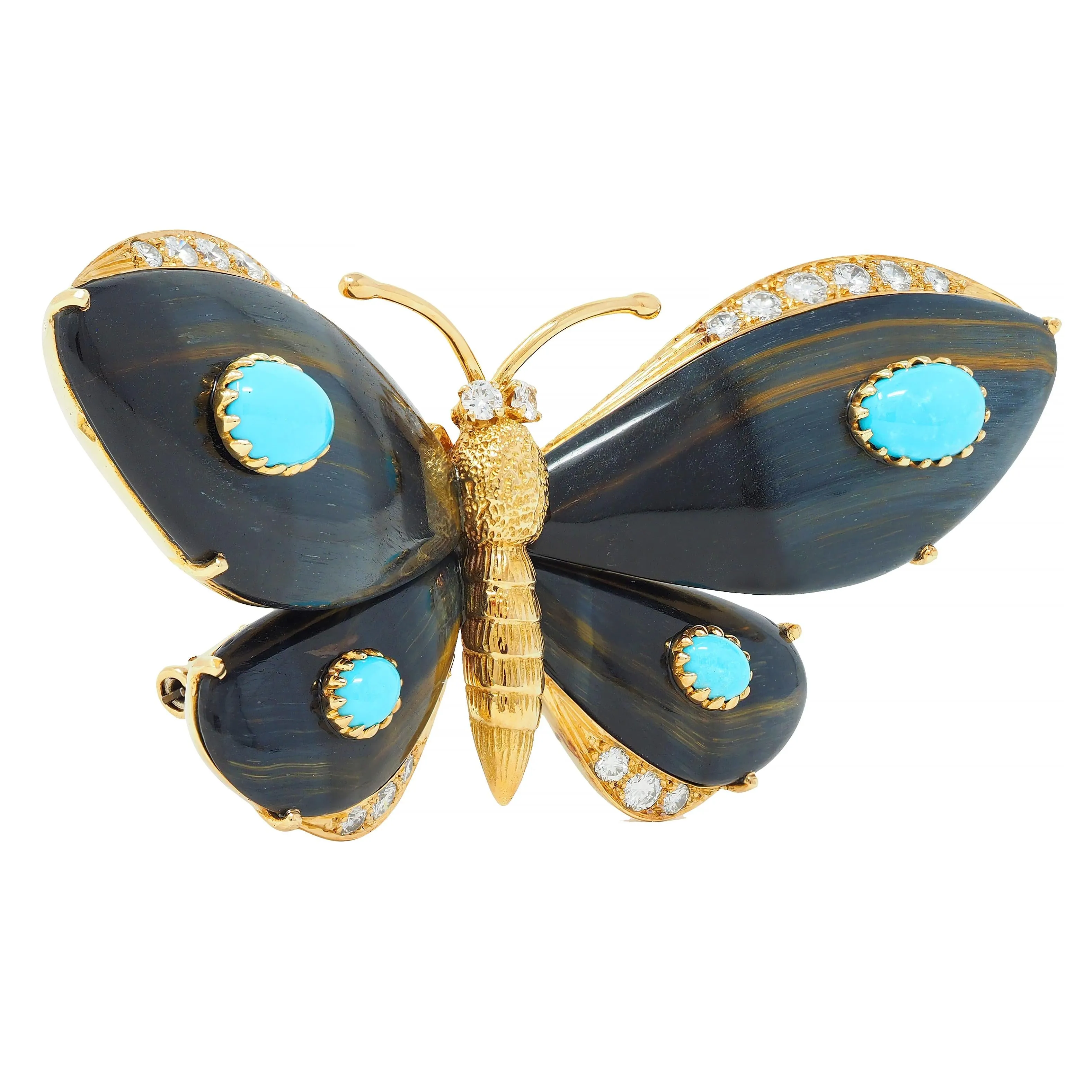 Wolfers French 1970's Diamond Turquoise Labradorite 18 Karat Yellow Gold Vintage Butterfly Brooch