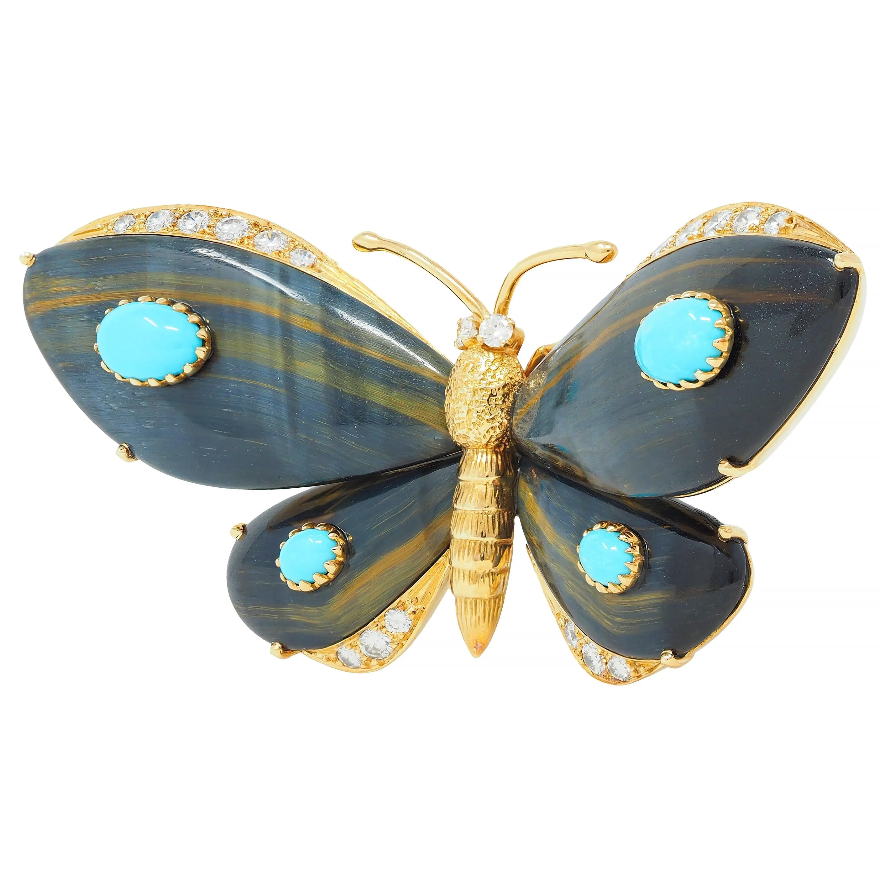 Wolfers French 1970's Diamond Turquoise Labradorite 18 Karat Yellow Gold Vintage Butterfly Brooch