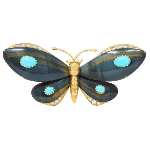 Wolfers French 1970's Diamond Turquoise Labradorite 18 Karat Yellow Gold Vintage Butterfly Brooch