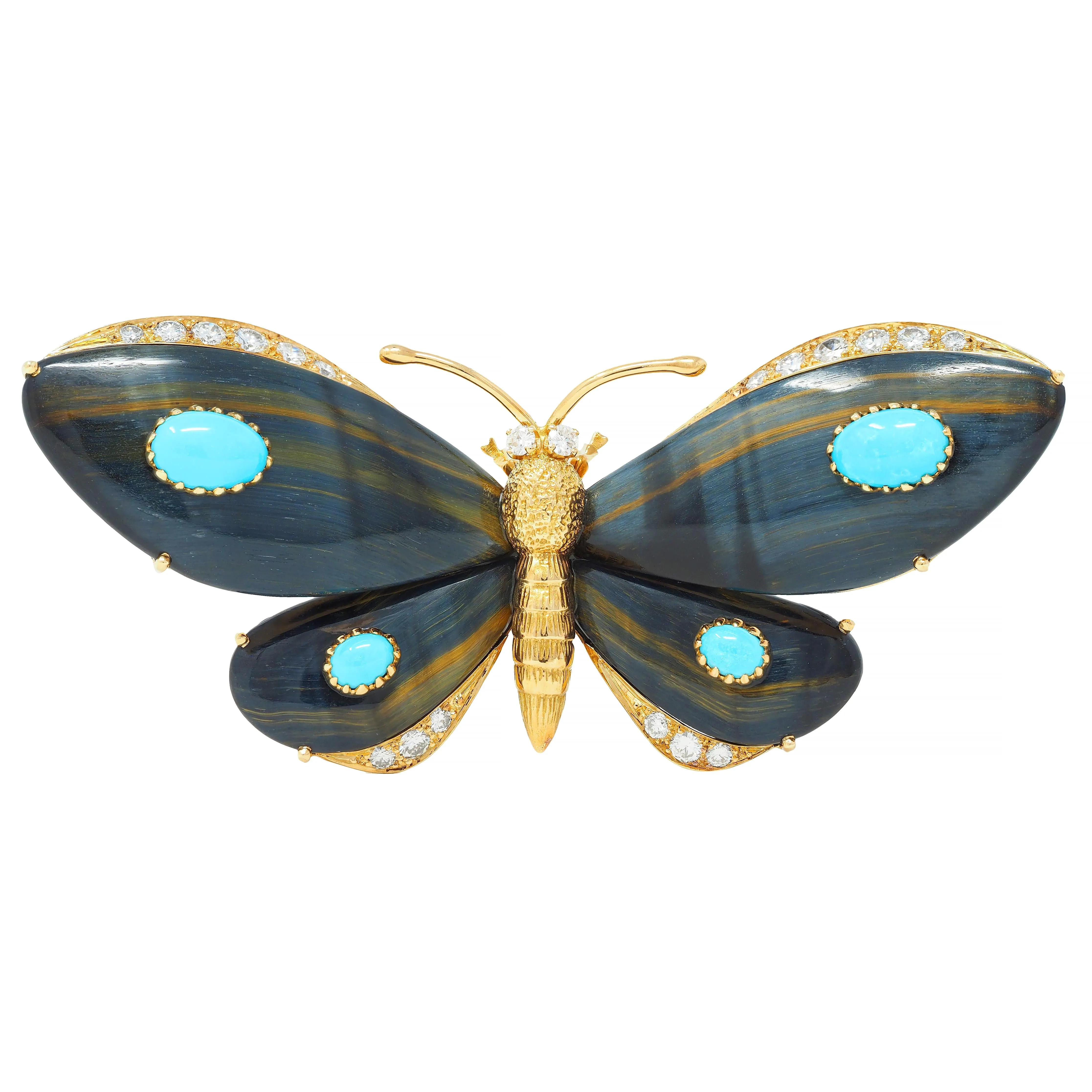Wolfers French 1970's Diamond Turquoise Labradorite 18 Karat Yellow Gold Vintage Butterfly Brooch
