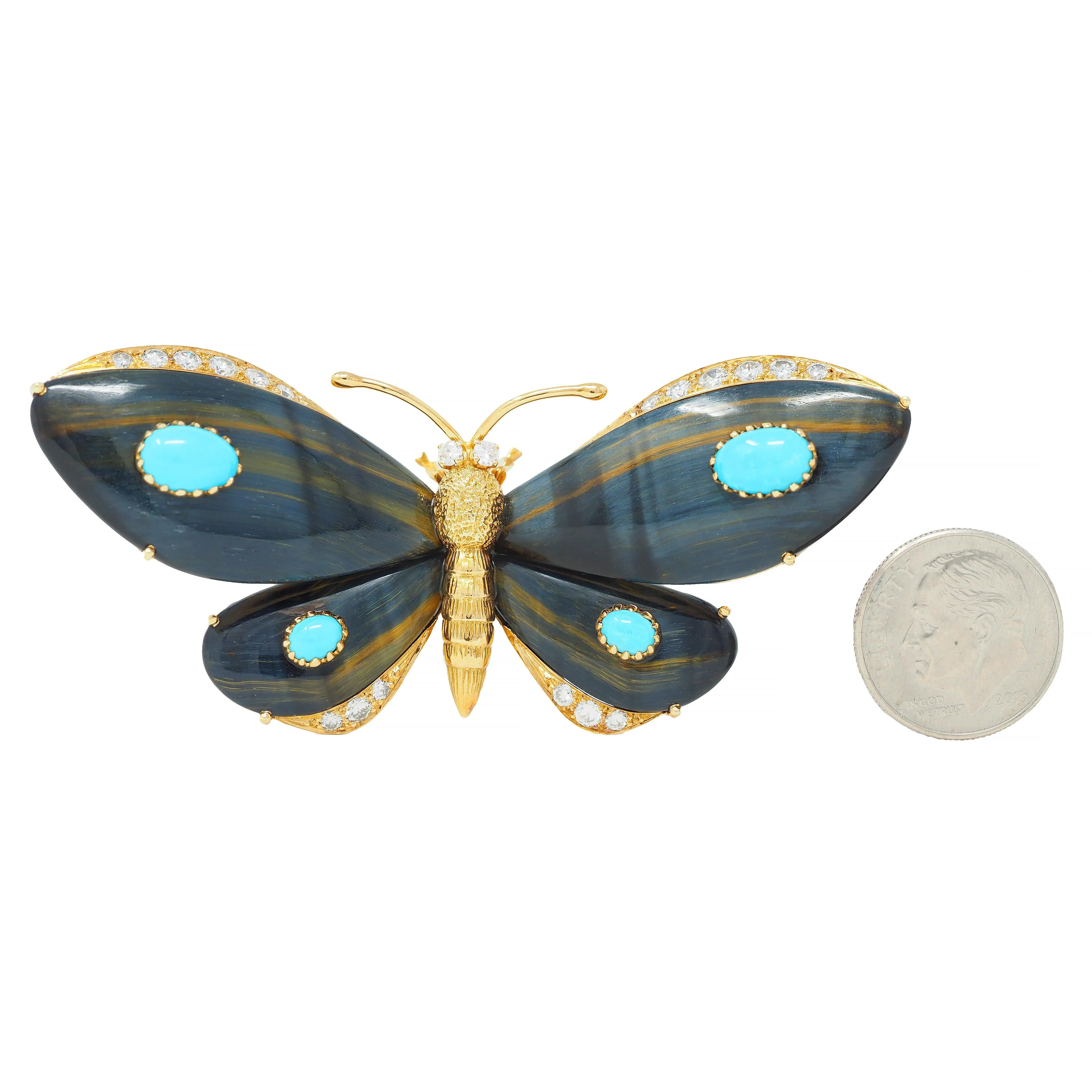 Wolfers French 1970's Diamond Turquoise Labradorite 18 Karat Yellow Gold Vintage Butterfly Brooch