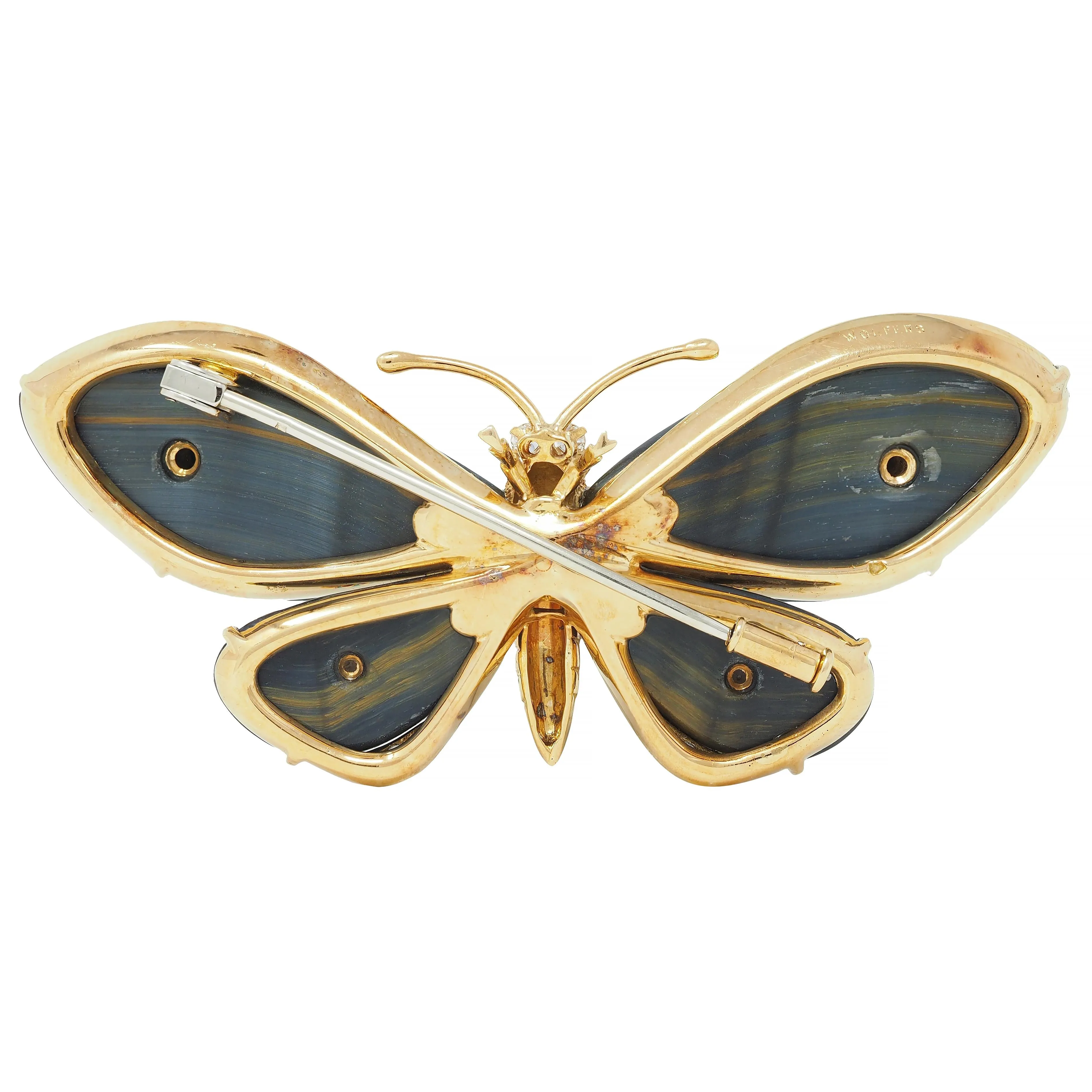 Wolfers French 1970's Diamond Turquoise Labradorite 18 Karat Yellow Gold Vintage Butterfly Brooch