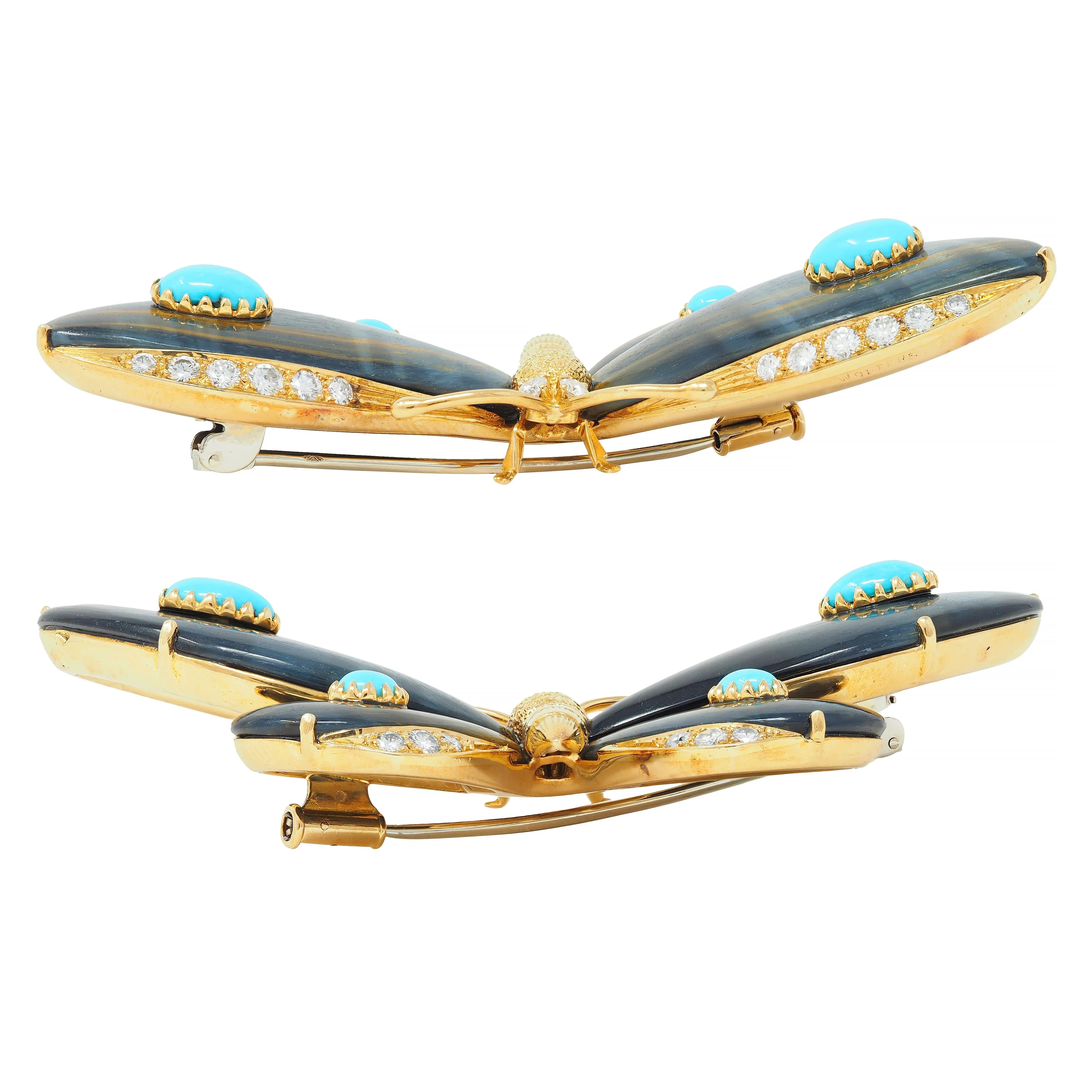 Wolfers French 1970's Diamond Turquoise Labradorite 18 Karat Yellow Gold Vintage Butterfly Brooch