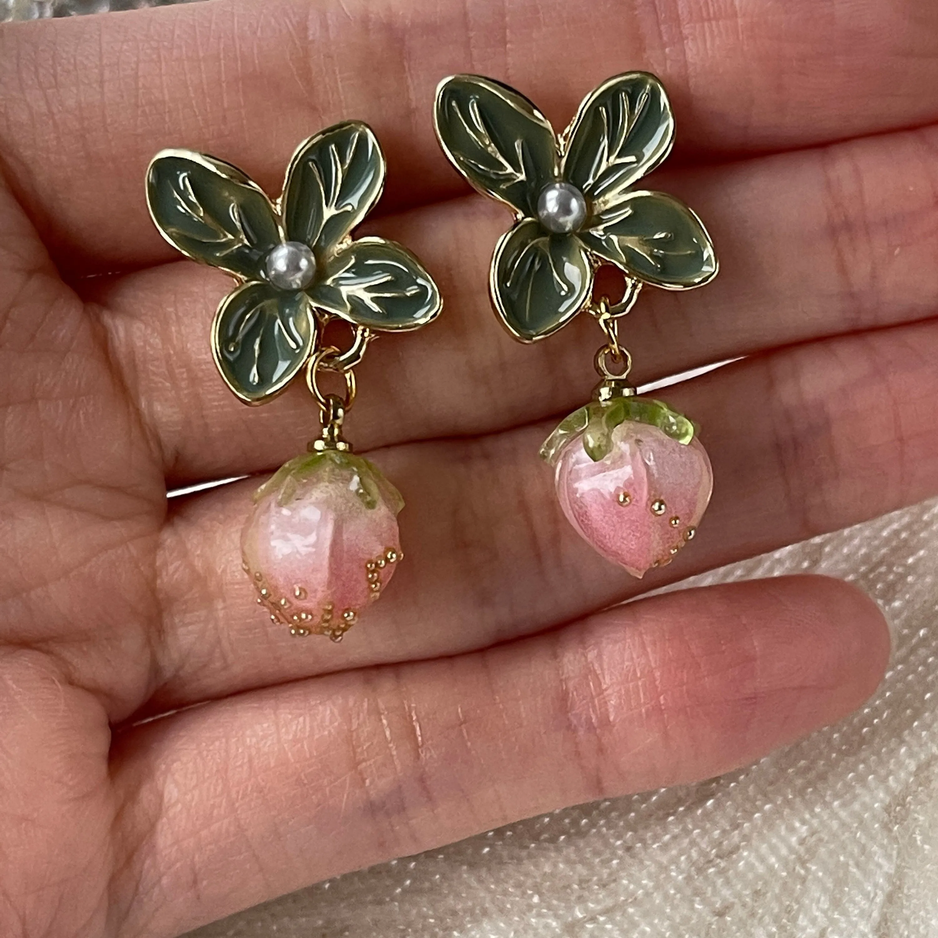 Y2K Cute Pink Strawberry Green Leaf Earrings