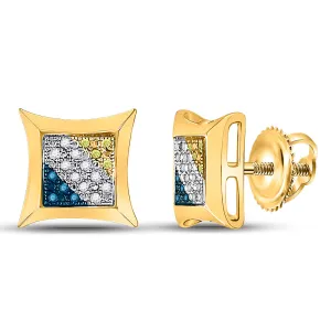 Yellow-Tone Sterling Silver Mens Round Yellow Color Enhanced Diamond Square Earrings 1/8 Cttw